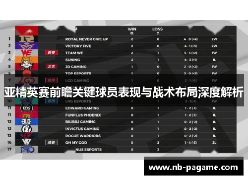 亚精英赛前瞻关键球员表现与战术布局深度解析