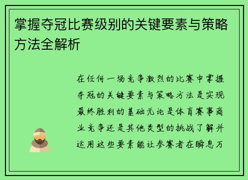 掌握夺冠比赛级别的关键要素与策略方法全解析