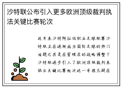 沙特联公布引入更多欧洲顶级裁判执法关键比赛轮次 沙特联公布引入更多欧洲顶级裁判执法关键比赛轮次